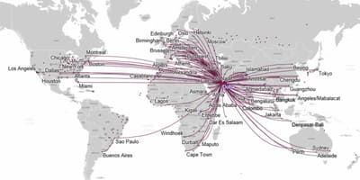Qatar airways trasy mapa európy